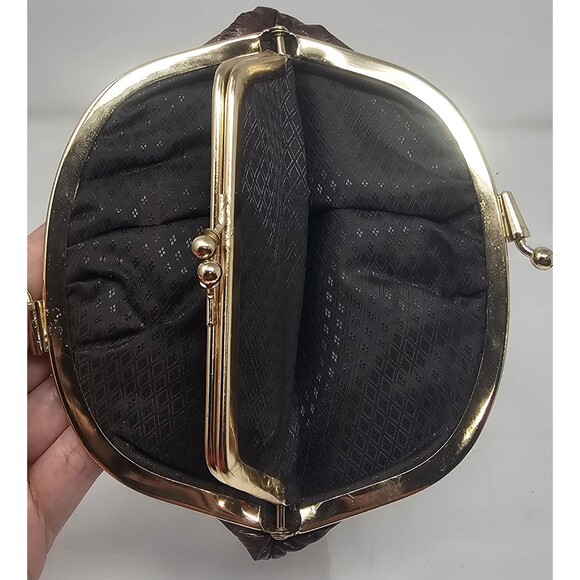 Vtg Eel Skin Leather Double Kiss Lock Brown Gold Coin Change Clutch Wallet 7x5.5 - Picture 6 of 14